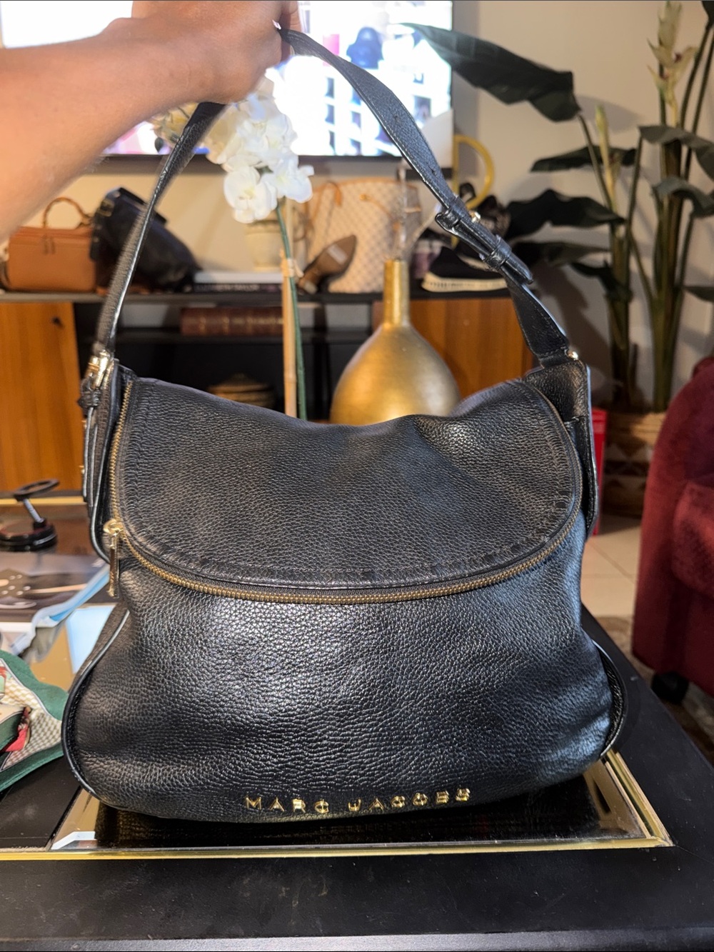 Marc Jacobs Black Pebbled Leather Hobo Shoulder Bag with Gold Logo